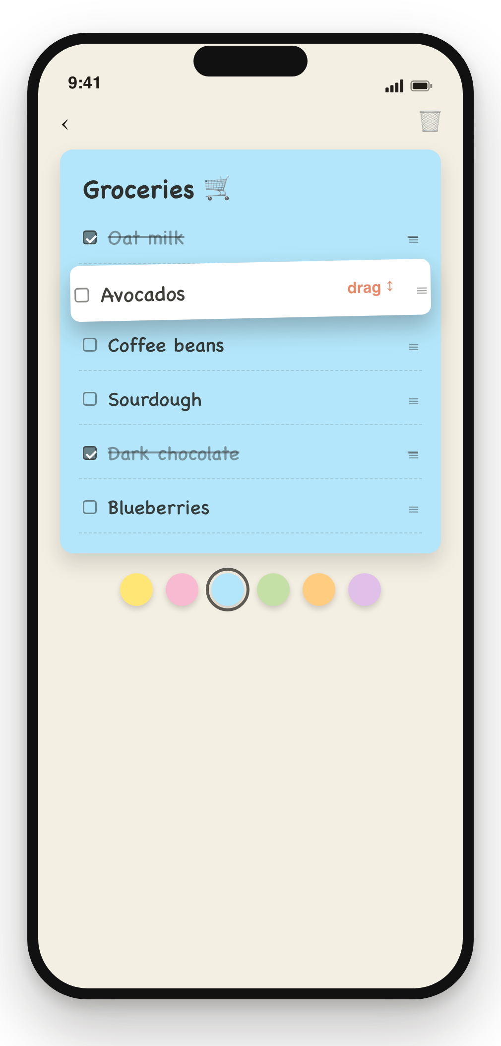 Checklist with drag to reorder